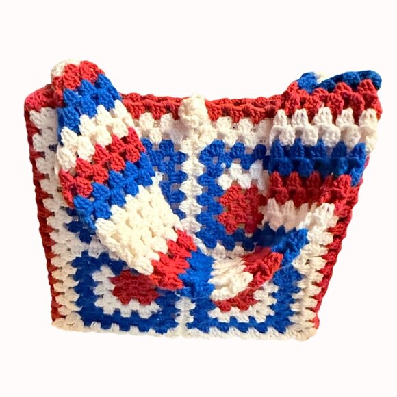 Granny Square Crochet Tote Retro Hippie Style Book Bag Red White Blue School Col - Picture 5 of 16
